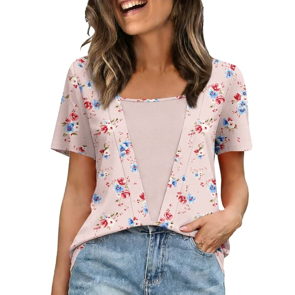 DeHolifer Women's Tops Crewneck Casual Printed Fake Two Piece Short Sleeve Summer Trendy Tee Tops Pink XL