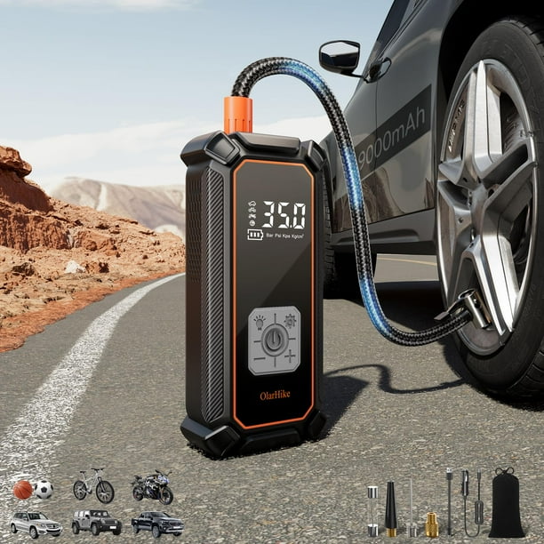 Inflador de neumáticos OlarHike, compresor de aire portátil, 150 psi, 9000 mAh