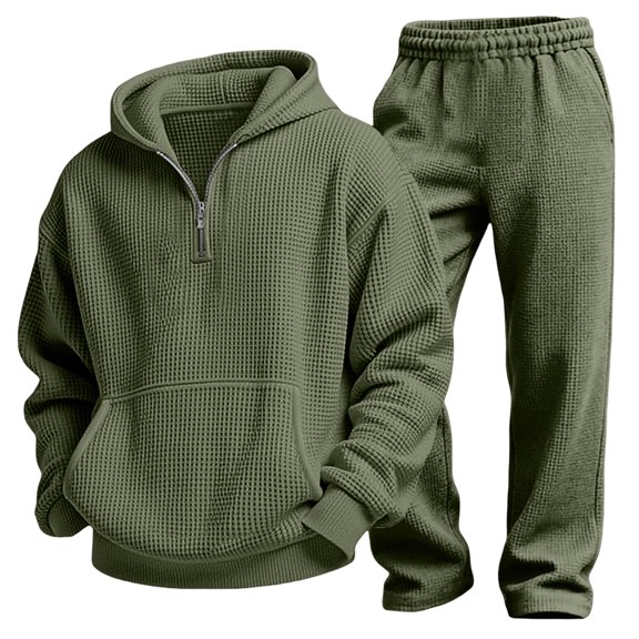 SERTGUTR Boys' Waffle Knit Hoodie Pullover Quarter Zip Kangaroo Pocket Elastic Waist Sweatpants 2 Piece Set Relaxed Fit Warm Winter School Outdoor Wear