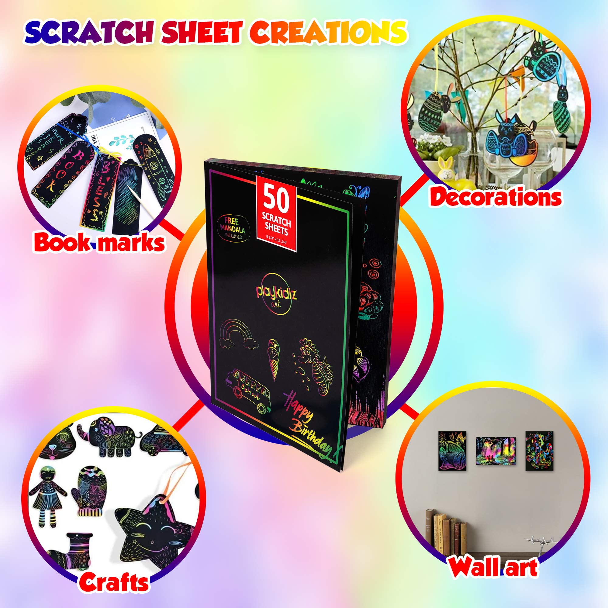 Playkidz Scratch Paper Art Box, 50 Rainbow Scratch Off Notes 8.3 x 5.8,  Magic Scratch Art, Includes 3 Mandalas for fun designs & 10 Stylus Pens -  Toys 4 U