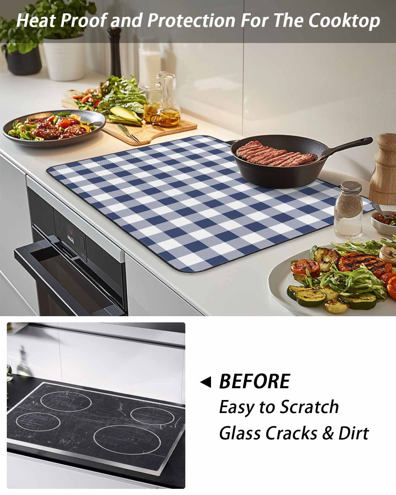 Stove Top Covers for Electric Stove, Navy Blue White Plaid Glass Stovetop Cover Protector, Farmhouse Checkered Buffalo Induction Cooktop Protector Oven Mat for Kitchen Countertop 24"x21"