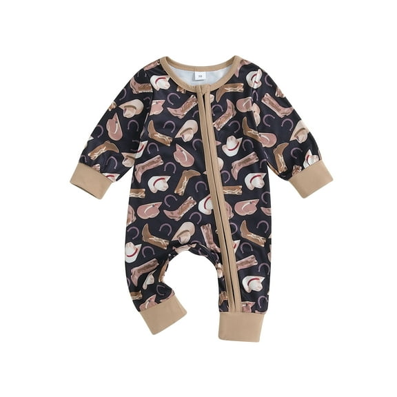 Suealasg Western Baby Boys Jumpsuit Long Sleeve Boots Cow Hat Print Zipped Romper Bodysuits Newborn Autumn Coming Home Clothes