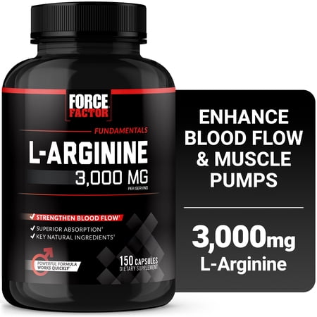 Force Factor L-Arginine 3000mg Nitric Oxide Booster for Men to Enhance Blood Flow, Circulation, Muscle Pumps & Workout Performance, 150 Capsules