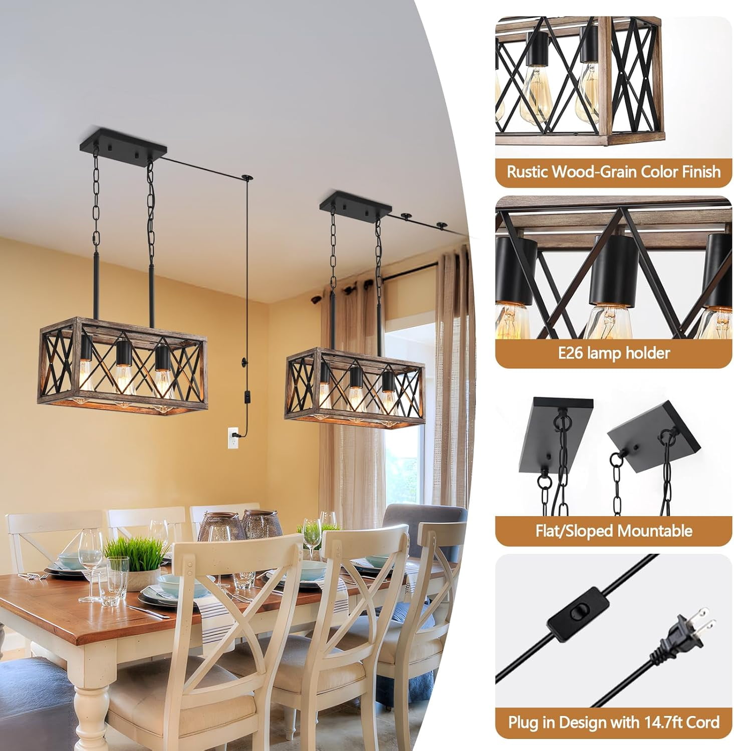 KEESFU 3-Light Farmhouse Pendant Light with Plug-in Cord, Rustic Wood Ceiling Fixture for Kitchen, Dining Room, Living Room