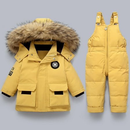 

UMfun Winter Baby Boys Girls Polka Dot Printing Thickened Down Jacket Strap Pants Two-piece Suit Yellow 4-5 Years