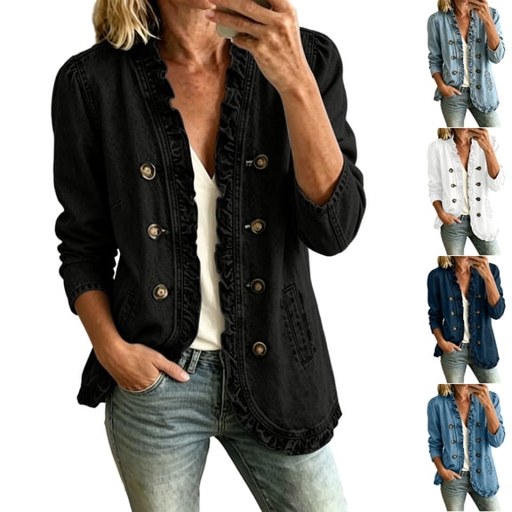 Husipze Womens Ruffle Trim Denim Jacket Lightweight Double Breasted Button Jean Jacket Long Sleeve Solid Color Shacket with Pockets Black S