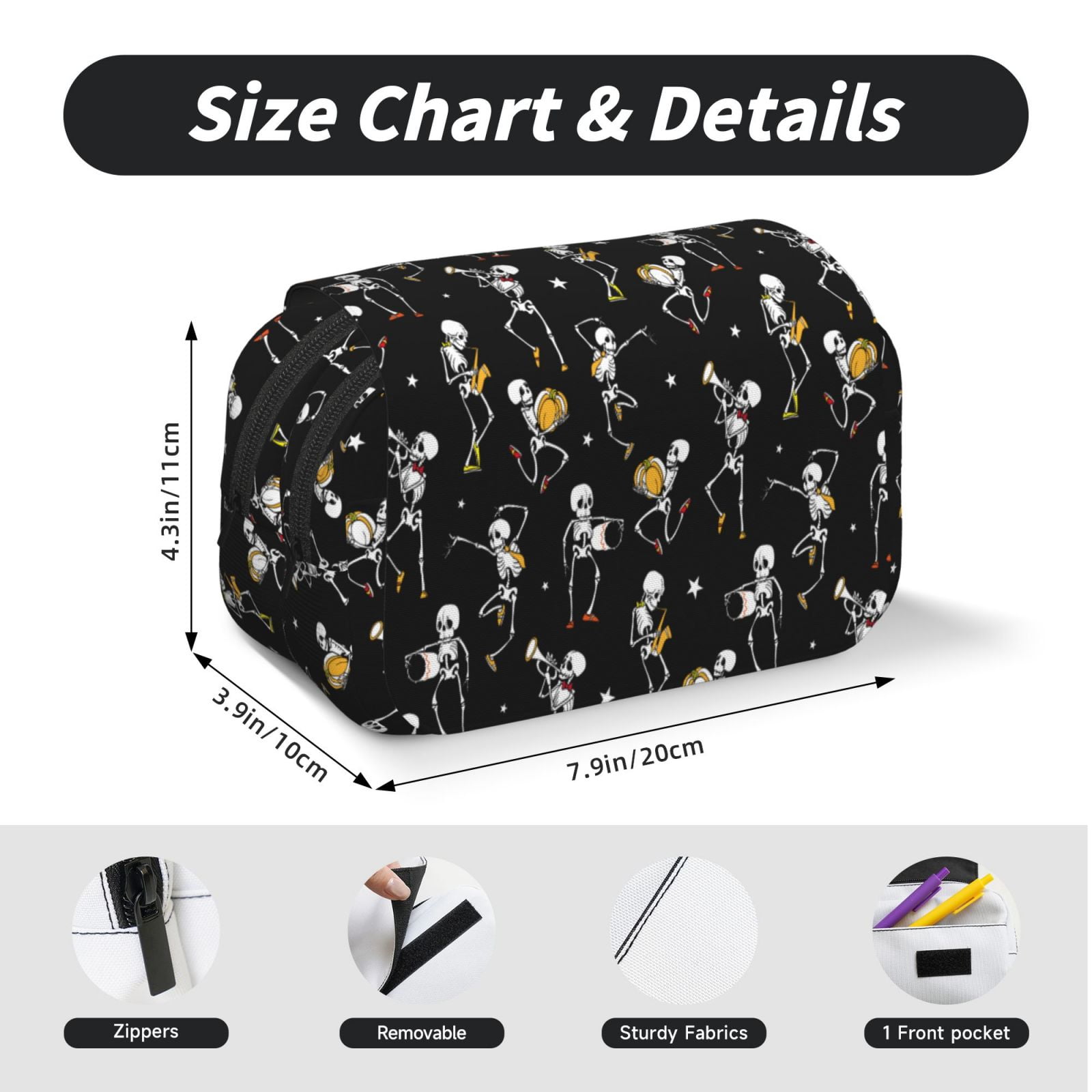Rateoe Playing Music Skeletons Pattern Double Clamshell Pen Case, Storage Organizer with Two Zipper Compartments– Holds Up to 50 Pencils & Pens