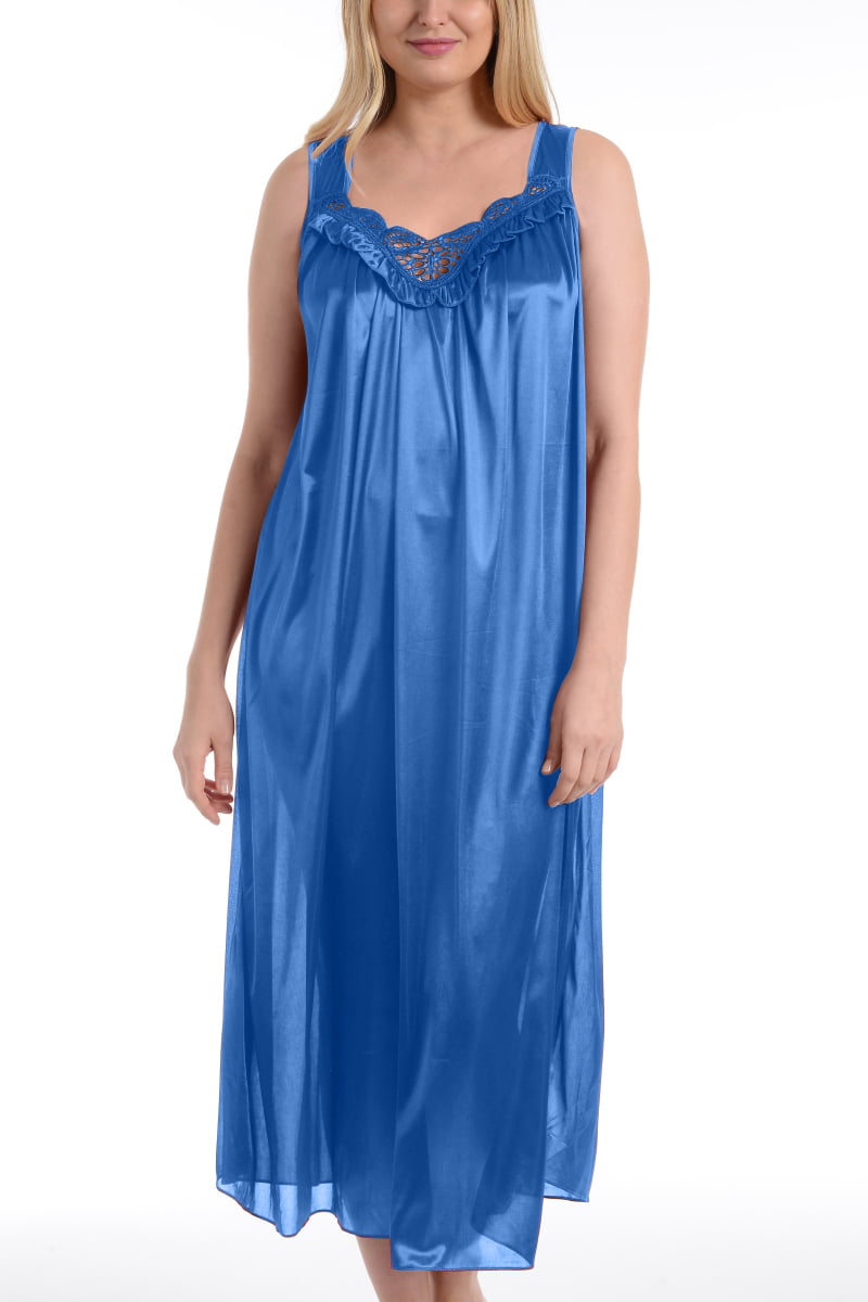 EZI - Women's Long Faux Silk and Lace Sleeveless Nightgown By EZI ...