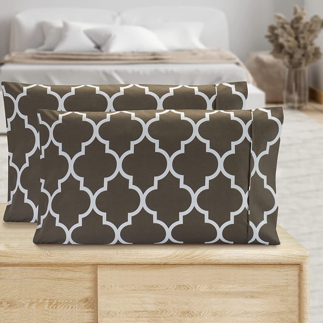 Mocassi Pattern Printed Pillowcases 2-Piece Set Egyptian Quality 1500 Thread Count Timeless Classic Designs Soft and Smooth Weave, Wrinkle Resistant, Quatrefoil King Pillowcase, Gray