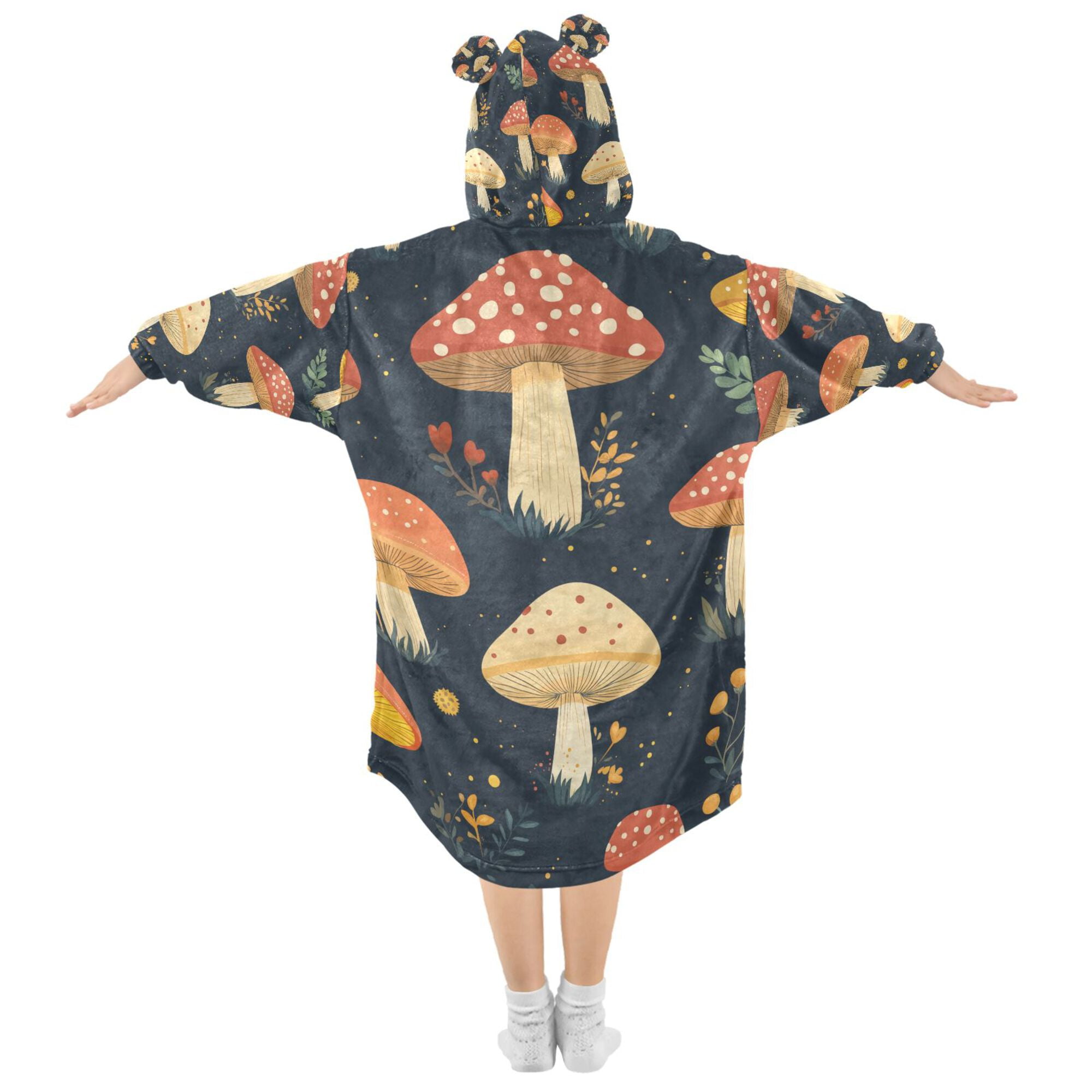 FORMRS Wearable Blanket Hoodie with Sleeves for Kids Cozy Flannel Sweatshirt, Black Mushroom Pattern