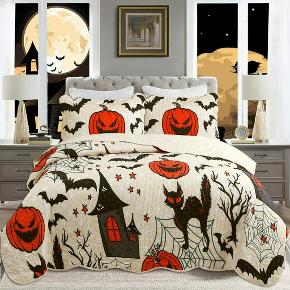 Twin/Full Size Halloween Themed Quilt Bedspread Set - Pumpkins, Black Cats, Bats, and Haunted Houses Pattern for Winter