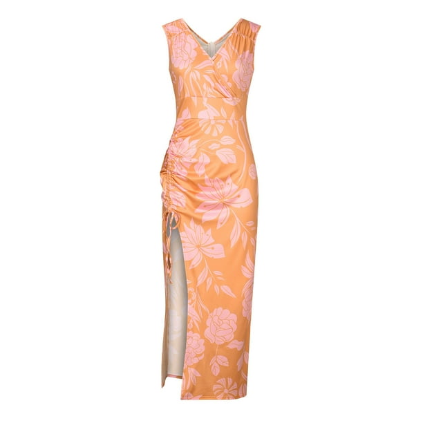 Vestido de fiesta con abertura alta y cordón fruncido con cordón estampado sin mangas con cuello en V sexy de verano para mujer Fridja hj5393