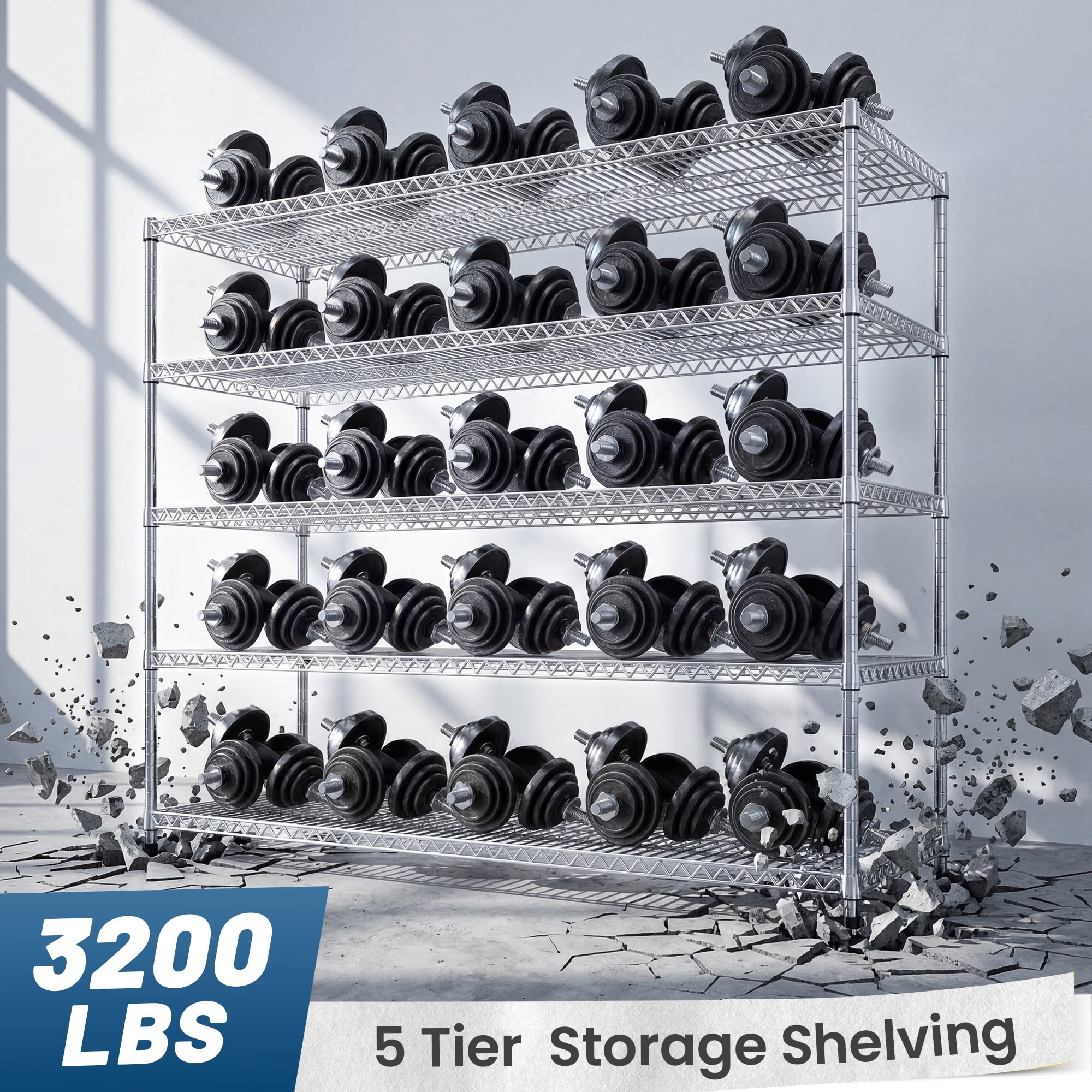 REIBII 55.5"W Wire Shelving 5 Tier Adjustable Metal Storage Shelves for Garage Pantry Kitchen, 18"D x 71"H,3200lbs Capacity,Silver
