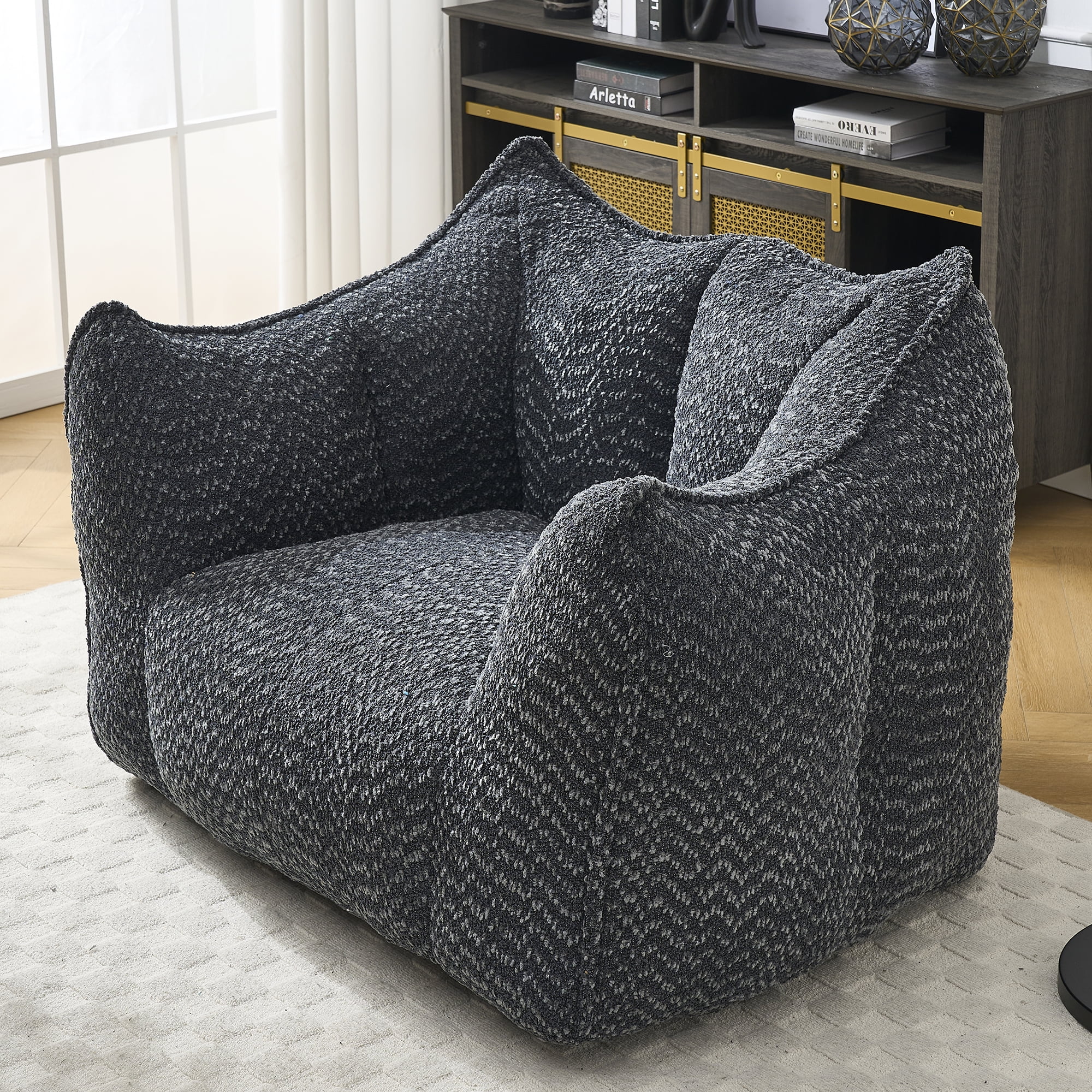 Newest Bean Bags Chairs for Adults, Large Comfy Corduroy Beanbag Couch with Armrests Shell-Shaped Lazy Floor Sofa for Living Room, Bedroom, Gaming, Reading, Grey