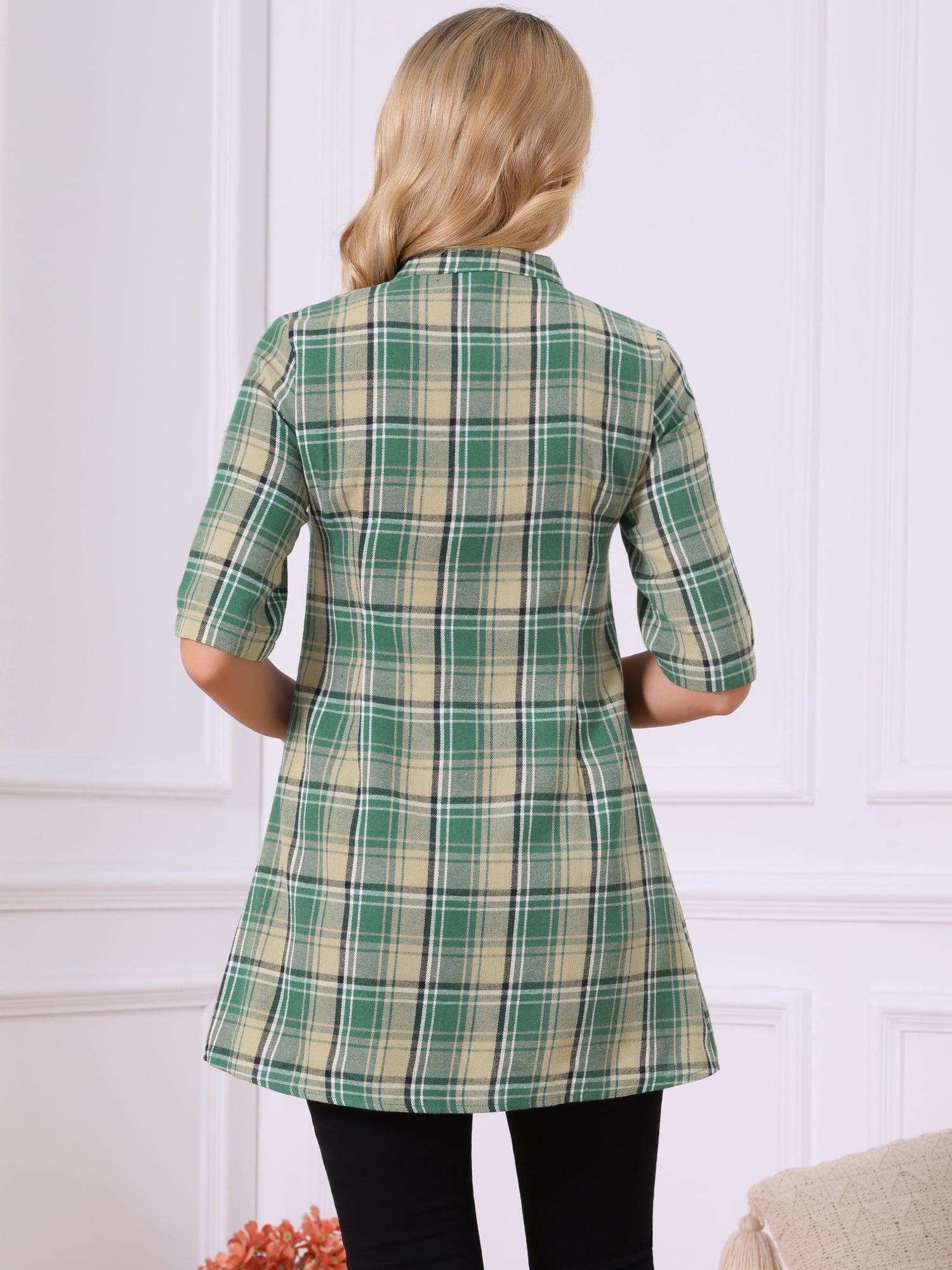 DARING DIVA Women's Check Top V Neck Half Sleeve Casual Tunic Blouse Green S