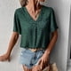 thumbnail image 4 of Camisa de mujer con cuello en V, manga corta, estampado único, blusa informal de moda para fiesta, compras, oficina, verde oscuro M, 4 of 8