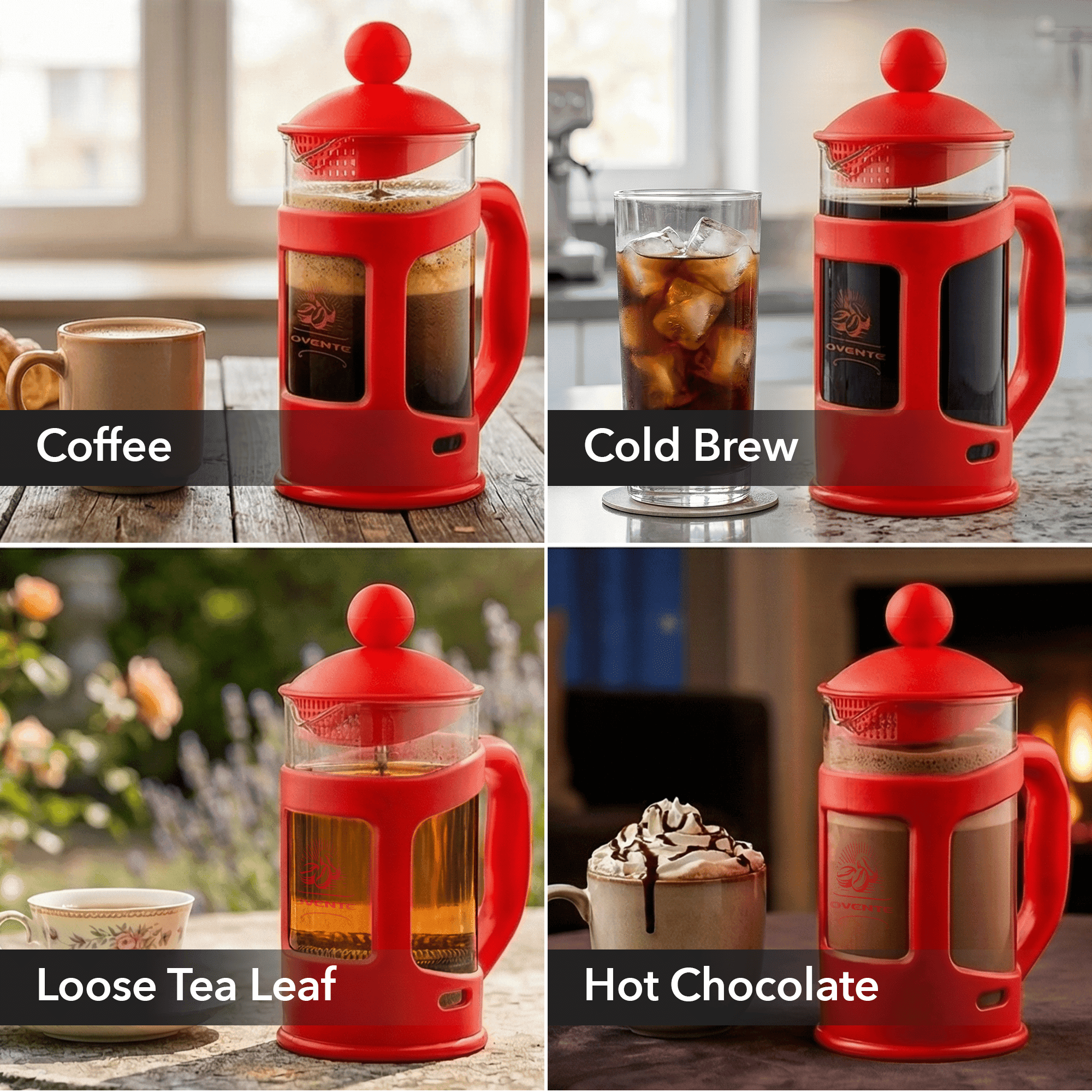 OVENTE 12 oz French Press Coffee Maker, 4-Level Stainless Steel Filter, Borosilicate Glass, Dishwasher Safe, Hot & Cold Brew, Portable for Travel & Camping, Red, FPT12R
