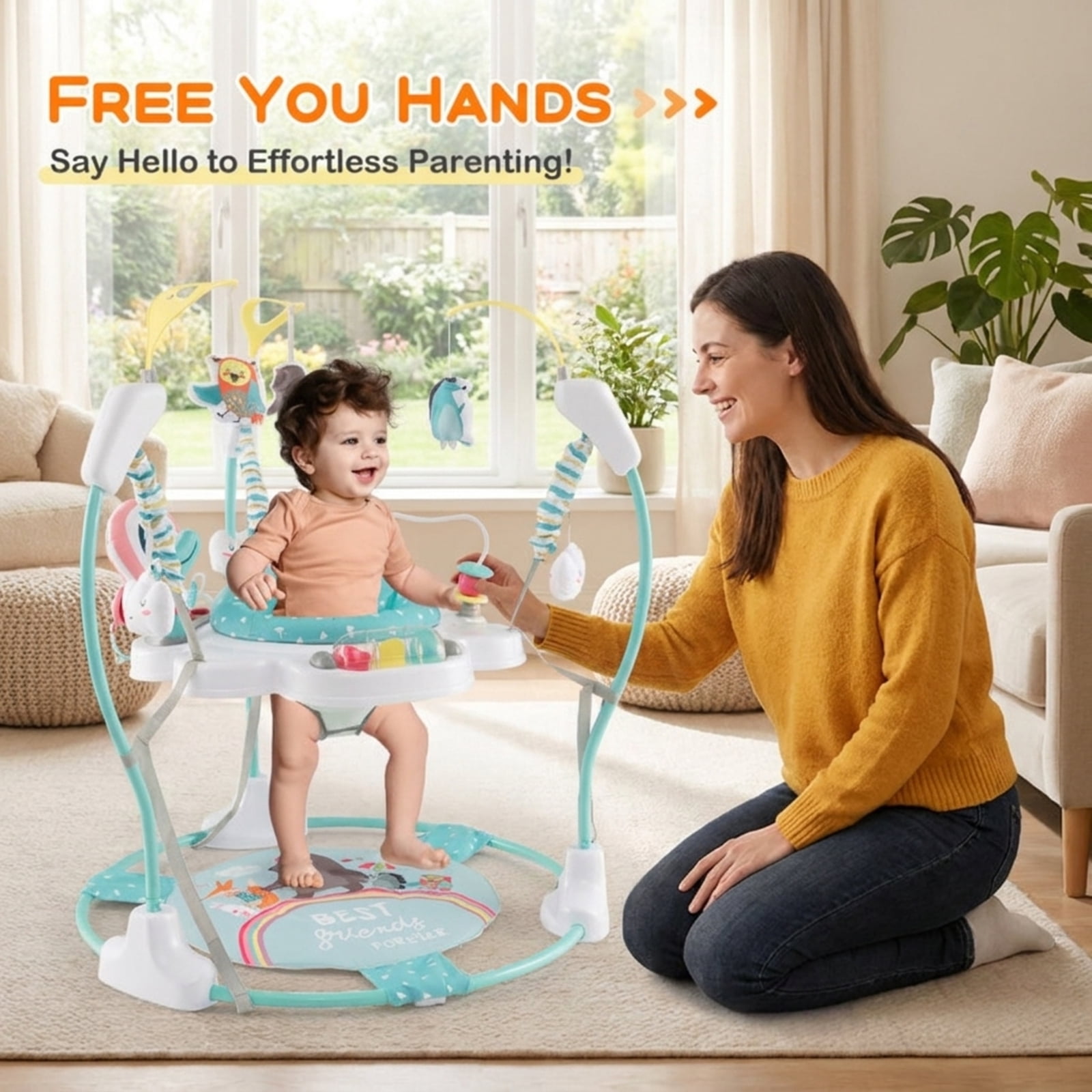 SUGIFT Height Adjustable Bouncer Activity Center Saucer with 360 Degree Rotating Seat, Interactive Toys, Music Tray and Removable Foot Pad for Nursery Play, Blue