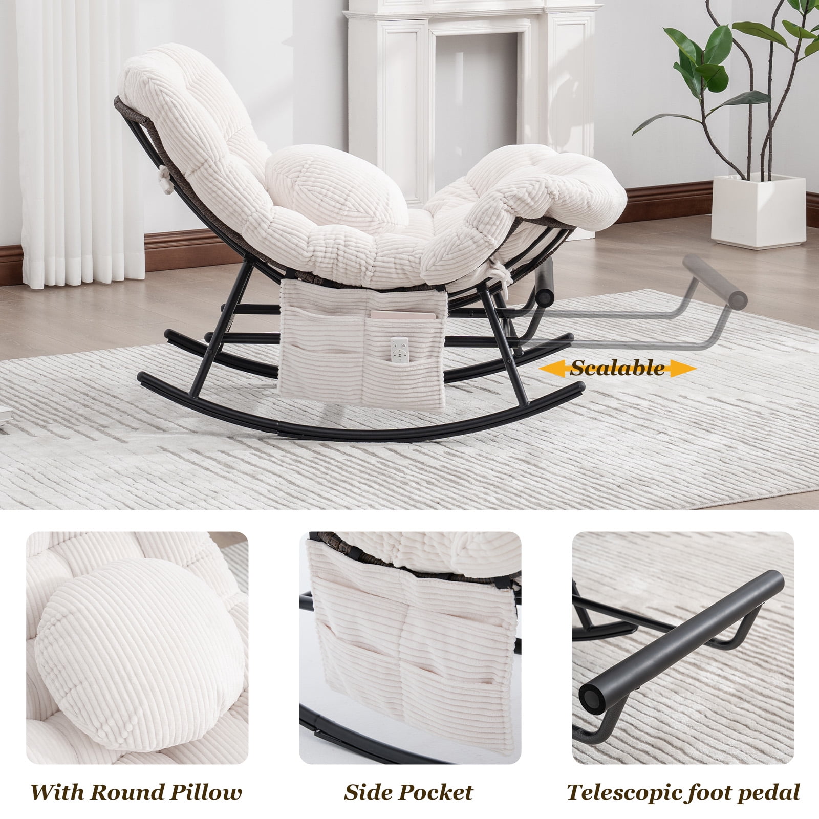 MOONMISS Outdoor Rocking Chair with Footrest, Indoor Oversized Comfort Reading Chair Cover with Cushion, Patio Rocking Chair Lounger,Beige