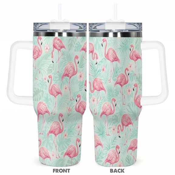 Pink Flamingo Tropical Leaves 40oz Insulated Tumbler with Handle and Straw Travel Coffee Cup Car Cup Gift for Women