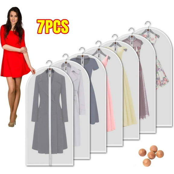 7 Pack Clear Garment Bags for Hanging Clothes 60 inch Clear Dress Bags for Storage Suit Cover for Long Gown Coat