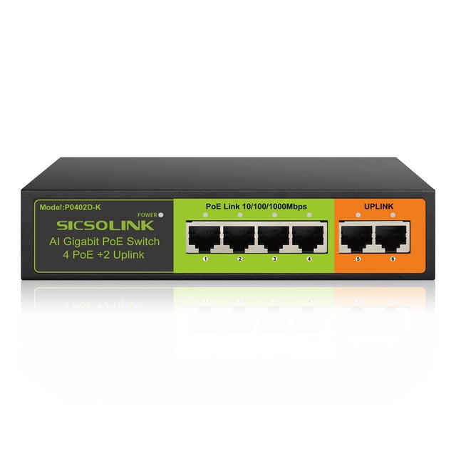 Conmutador PoE+ SICSOLINK Gigabit de 6 puertos (4 puertos PoE+, 2 Uplink)