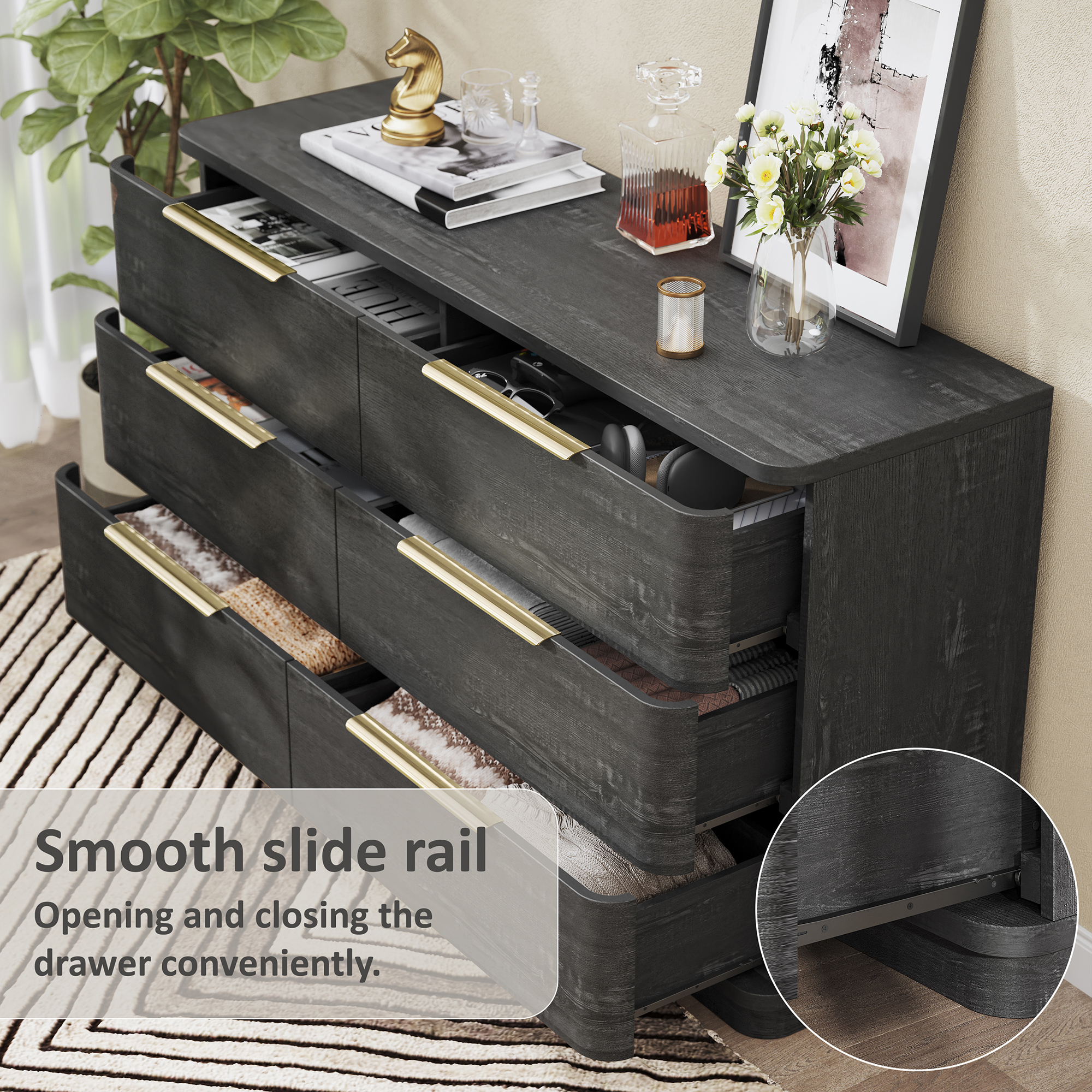54" Wide Wood Dresser with 6 Drawers, Chest of Drawers for Bedroom, Hallway, Living Room, Wooden Dresser TV Stand, Black