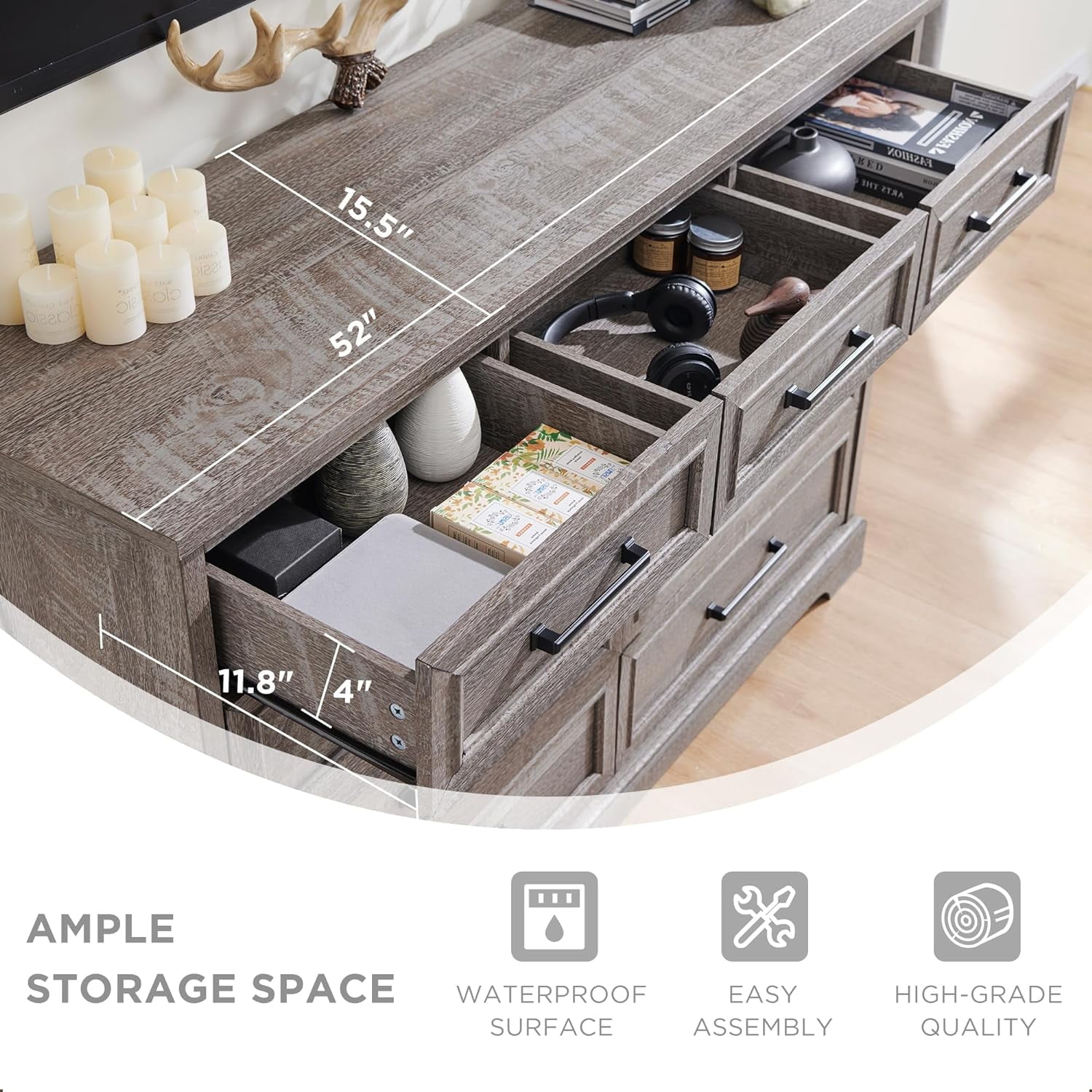 ACCOHOHO Farmhouse 9 Drawers Dresser, Rustic Wood Dresser Chest of Drawers for Bedroom，TV Stand with Large Drawers for Living Room，Grey