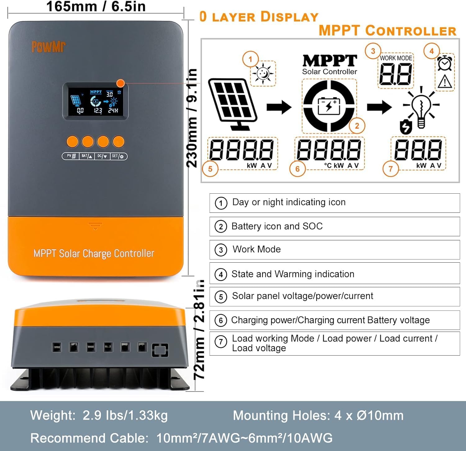 60A MPPT Solar Charge Controller 12V 24V 36V 48V Auto Parameter Adjustable LCD Display for LiFePO4,Lead Acid,Gel,Flooded and Lithium,MAX 160V 2880W Input
