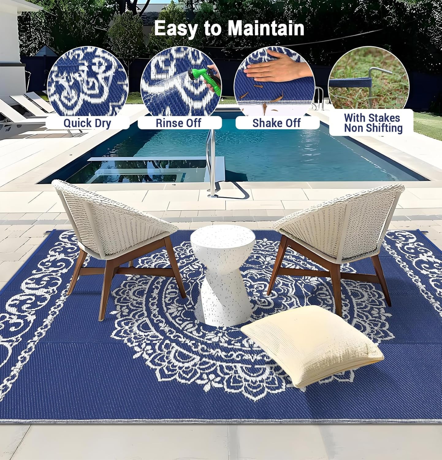 6x6 FT/5x8 FT/8x10 FT/9x12 FT/9x18 FT Outdoor Rug for Picnic Washable Non-Slip Balcony Carpet Vintage Floral Rug Stain-Resistant Easy-Clean Plastic Area Rug for Patio Backyard Farmhouse Beach Camping