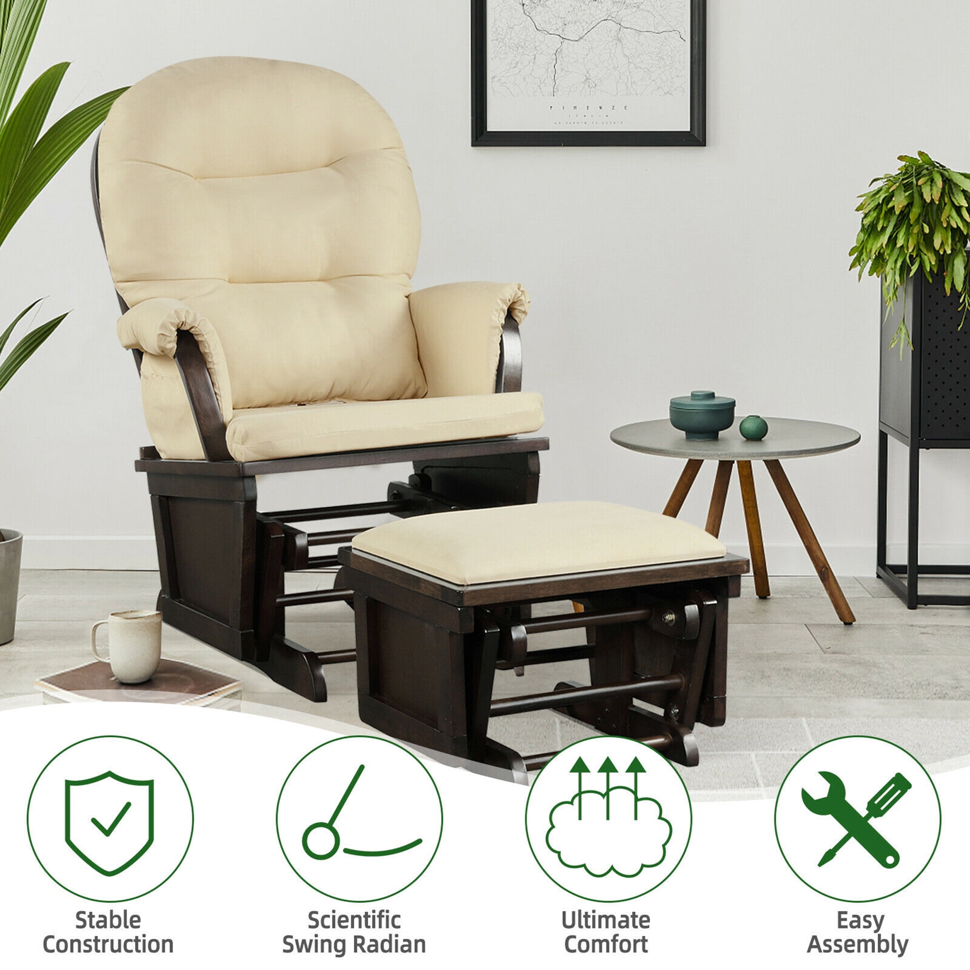 Gymax Wood Glider & Ottoman Cushion Set Baby Nursery Rocking Chair Beige