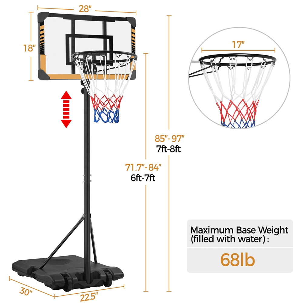 Renwick 7'-8' Height Adjustment 28'' Width Portable Basketball Hoop for Indoors/Outdoors,Brown