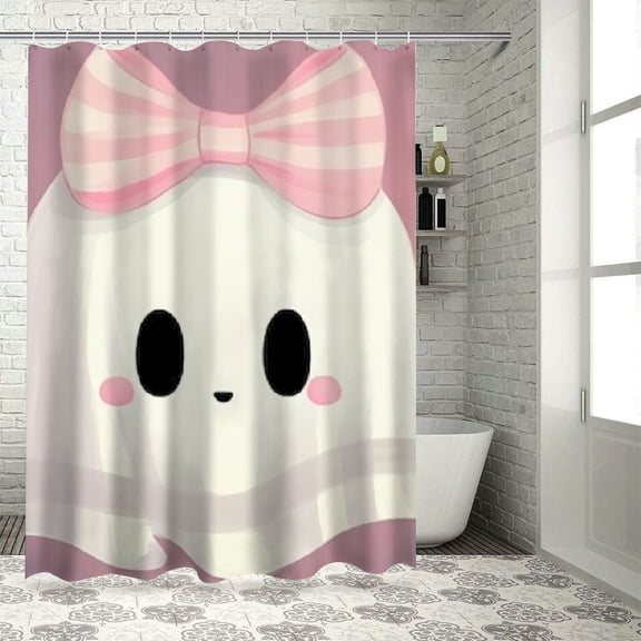 Fenyluxe Ghost Kawaii Pink Bow Shower Curtain for Bathroom Decoration, 100% Polyester Washable Shower Curtain, Halloween Chic Modern Bathroom Decor with Hooks 36"x72
