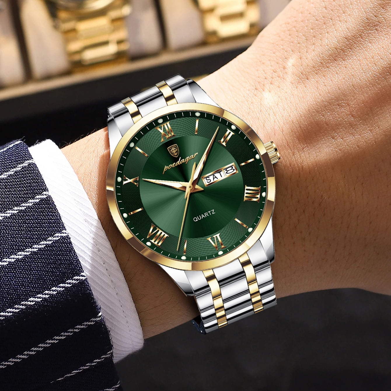 POEDAGAR Fashion Stainless Steel Men's Quartz Watches Waterproof Luminous Week Date Sports Man Wrist Watch