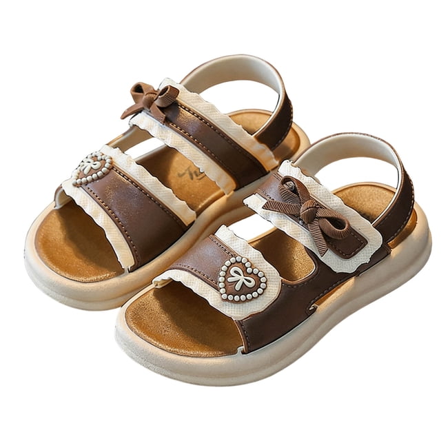 Xfvqtps Kids Girls Beach Sandals Bow Open Toe PVC Soft Sole Flats Hook and Loop Summer Shoes