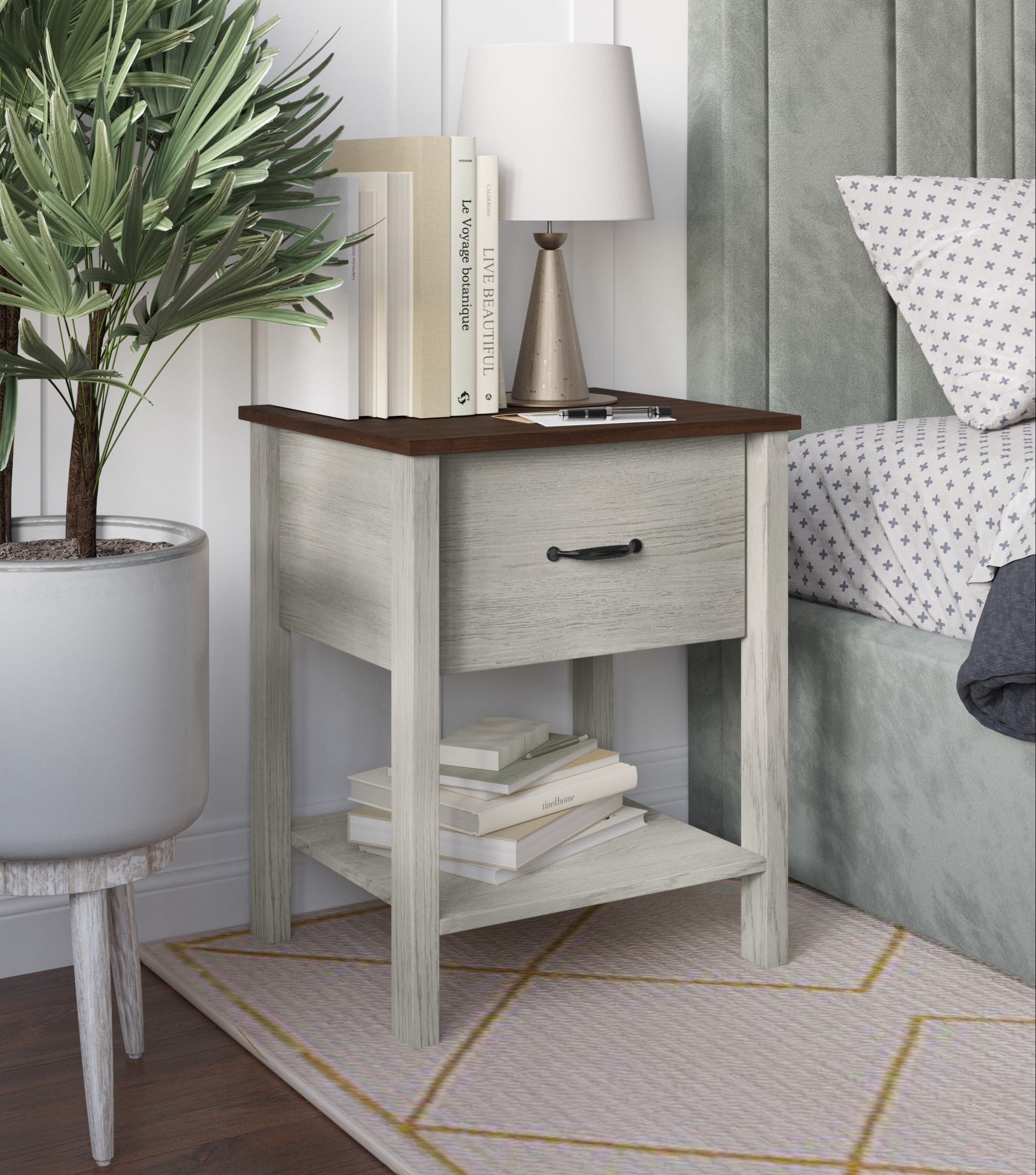 Home Design Sana Nightstand with Pull-Out Drawer and Open Shelf, White Oak/Brown, Easy Assembly (Set of 2)