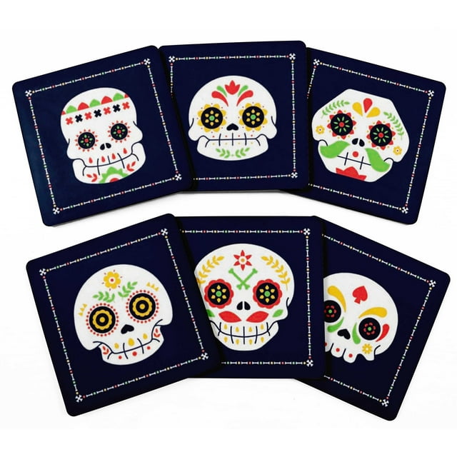 Inkdotpot Set of 6 Drink Coasters Easy Clean 4-inch SquareCoastersCork Base,Reusable,Skull