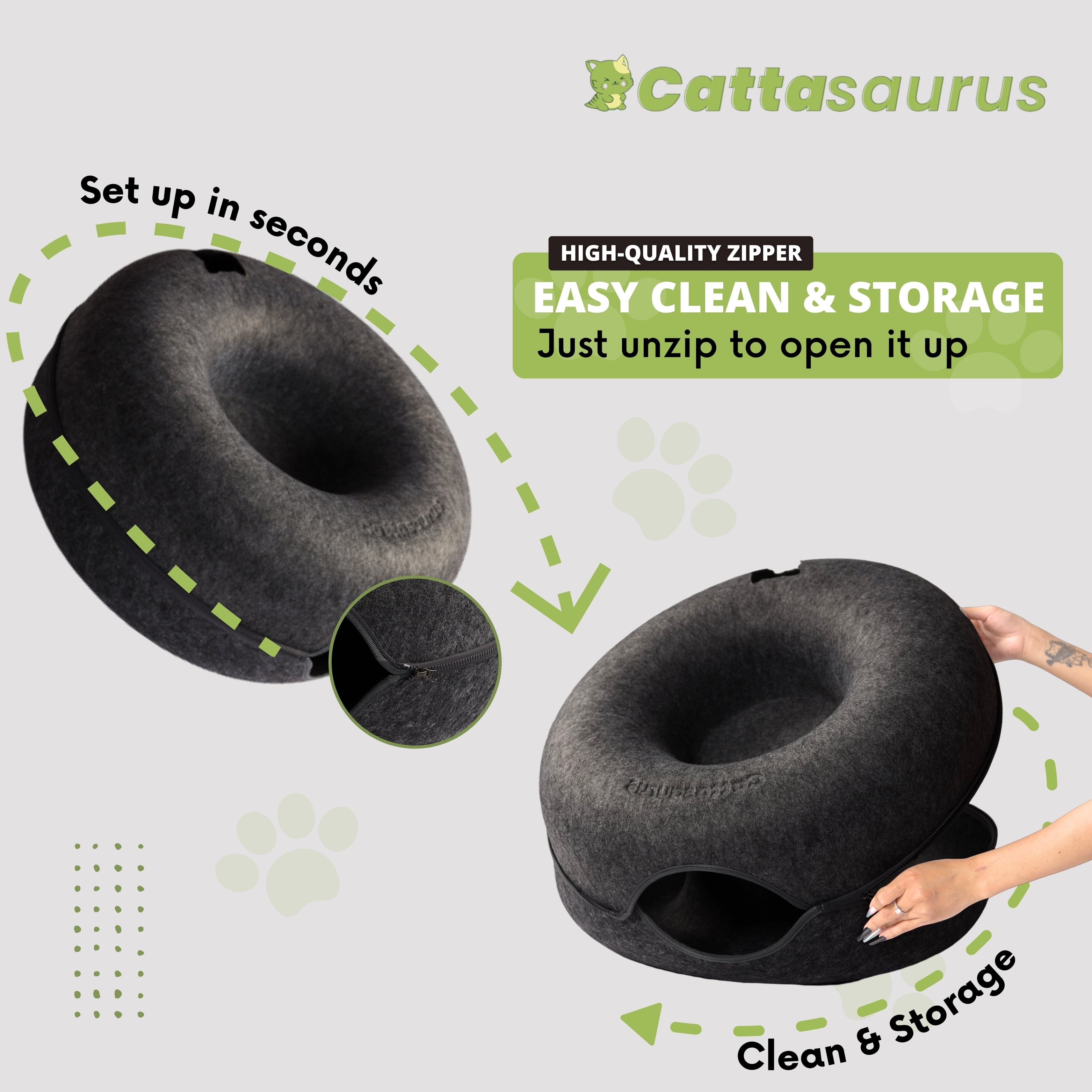 Cattasaurus Peekaboo Cat Cave Tunnel Bed, Jumbo Size, Dark Gray, for Cats up to 30 lbs