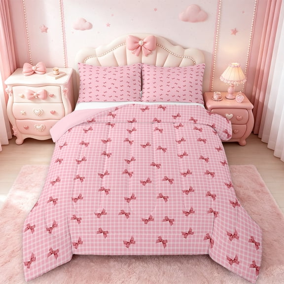 Manfei Kawaii Bow Bedding Sets Twin with Comforter,Girls Bow Knot Duvet Insert,Pink Geometric Checkered Comforter Sets Twin Size,Breathable Bedroom Decorative Reversible,2pcs