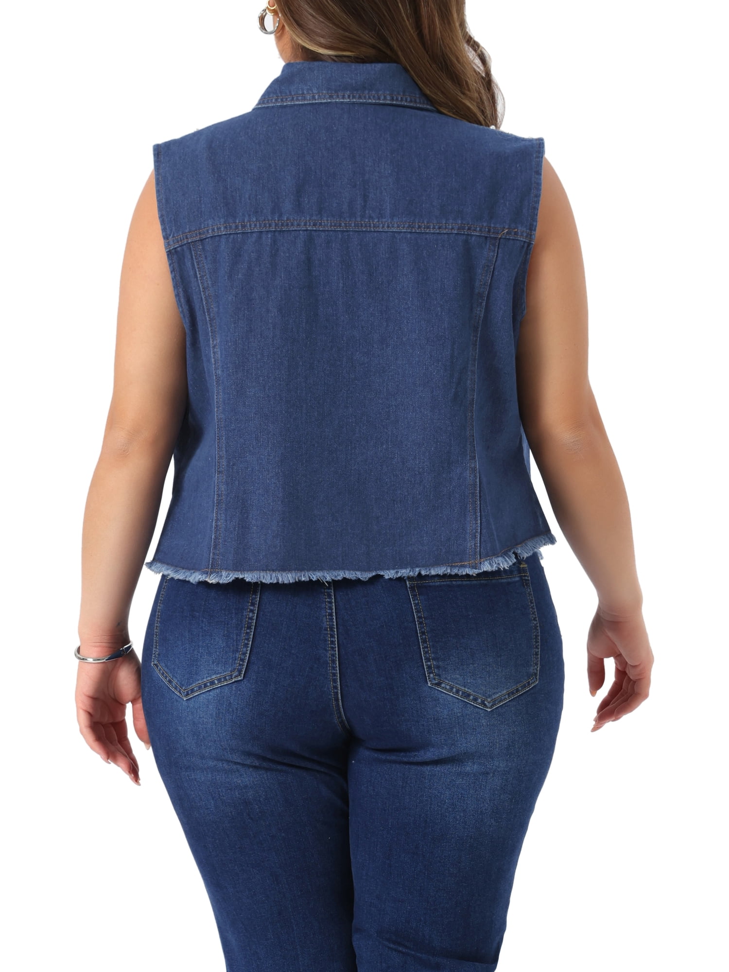 DARING DIVA Women's Plus Size Embroidered Pearl Frayed Denim Vest 2X Blue