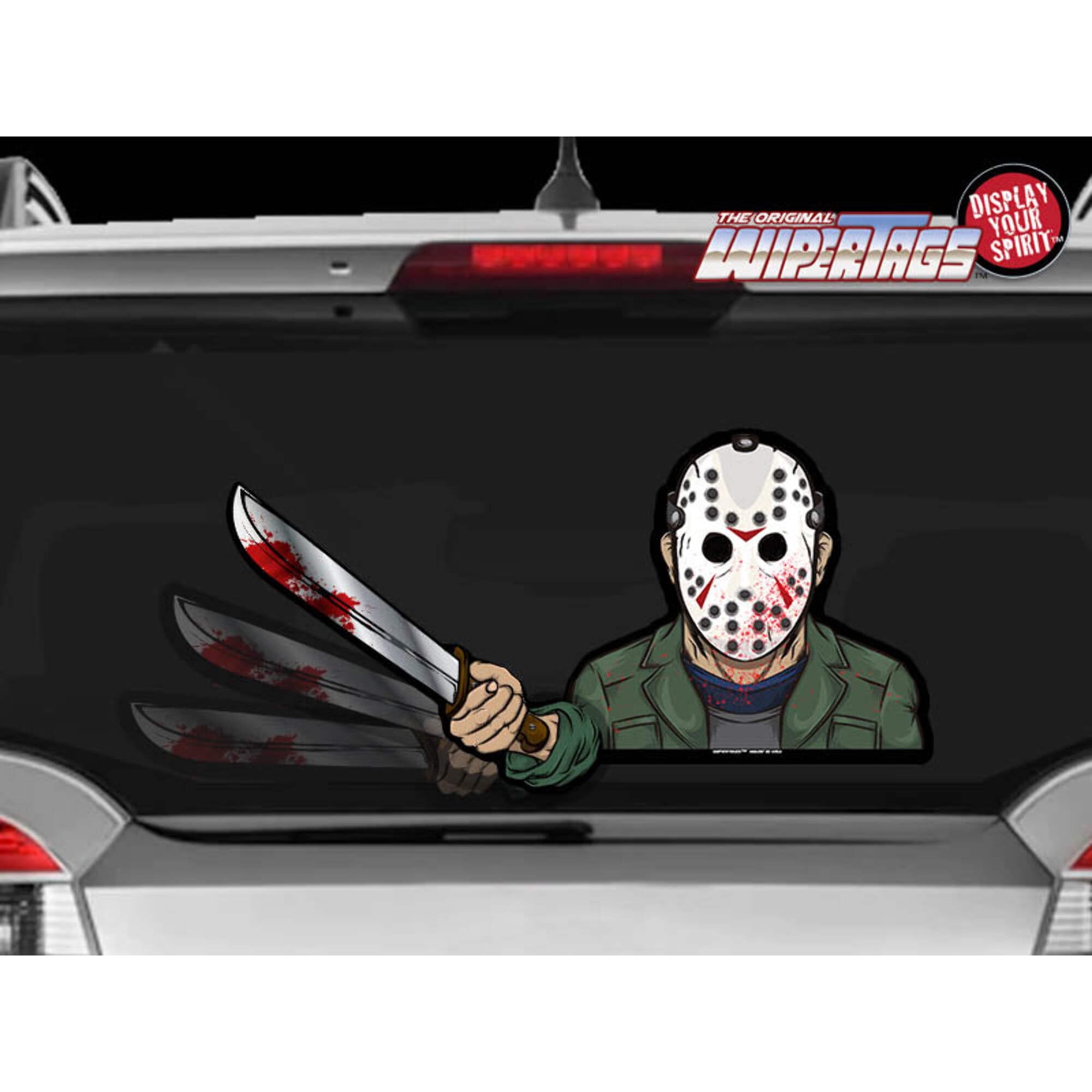 Hockey Mask Killer with Waving Machete in Hand WiperTags for Horror and Halloween fans attaches to rear vehicle wiper blades. Made in USA.