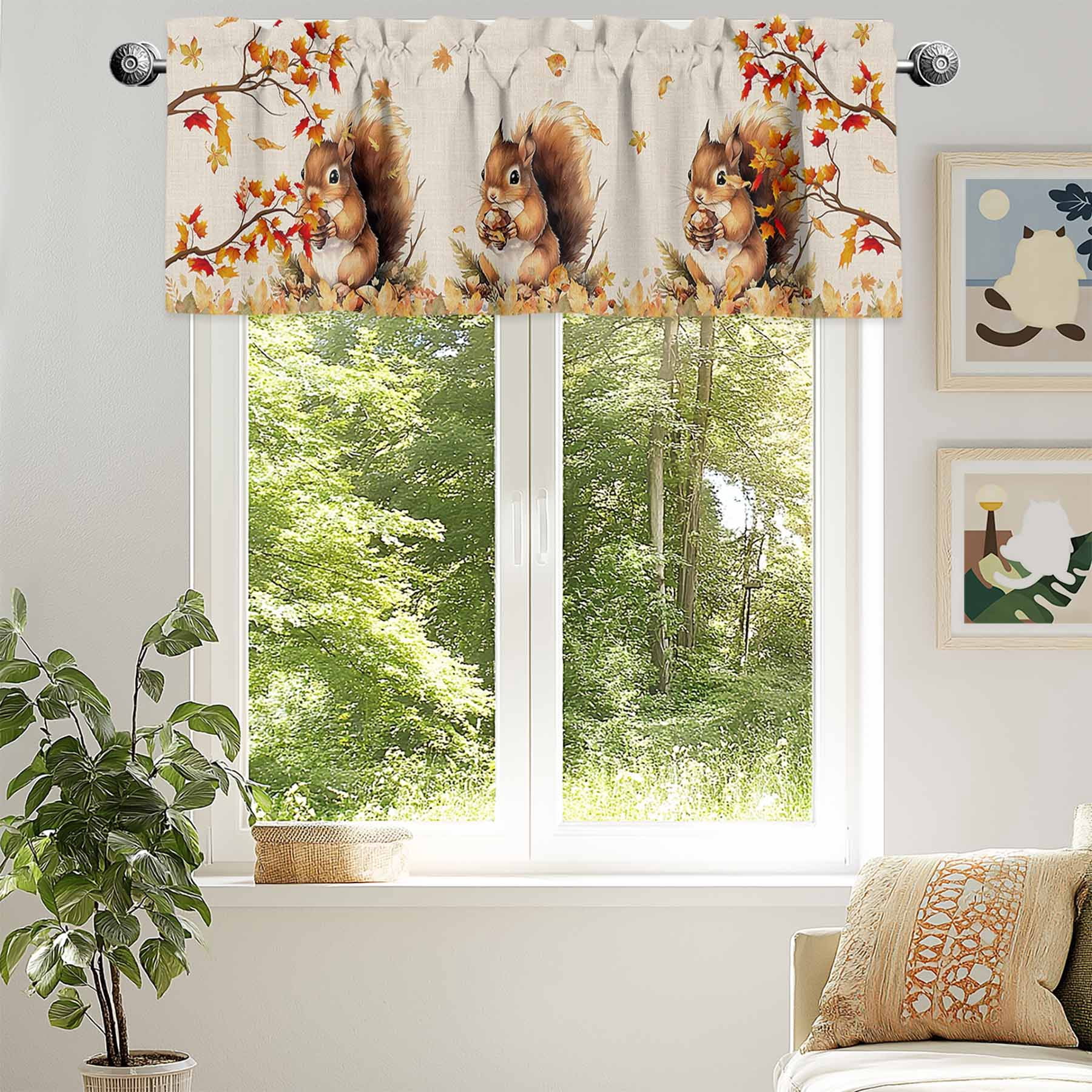 Thanksgiving Fall Valances for Windows, 60 x 18in, Squirrel Maple Leaf Cotton Linen Background Rod Pocket Kitchen Valance Curtain Light Filtering Window Treatments for Living Room Bedroom, 1 Panel