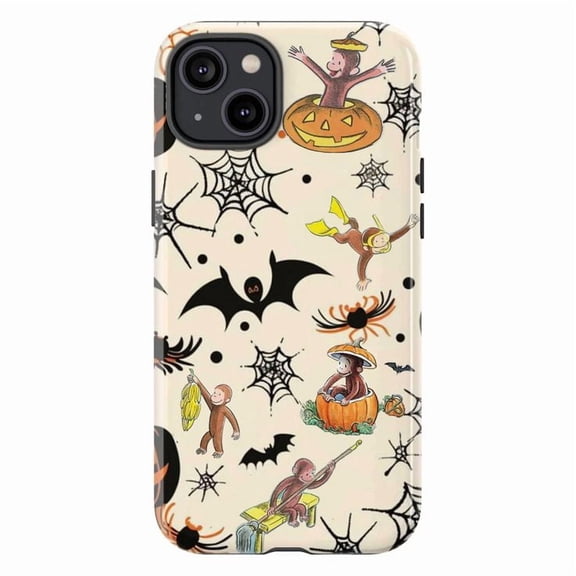Halloween Currious Monkey Cartoon iPhone Case, Cute Spider Web & Pumpkin Pattern Protective Cover, Fun Fall Gift for iPhone 16 15 14 13 12 11 Pro Plus Mini