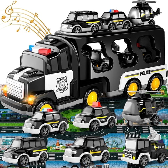 8 Pcs Police Toys Car Toys for Toddlers Truck Friction Power Toy Car Gift for Toddlers Boys Girls Kids Toys Boys 3-5 Black