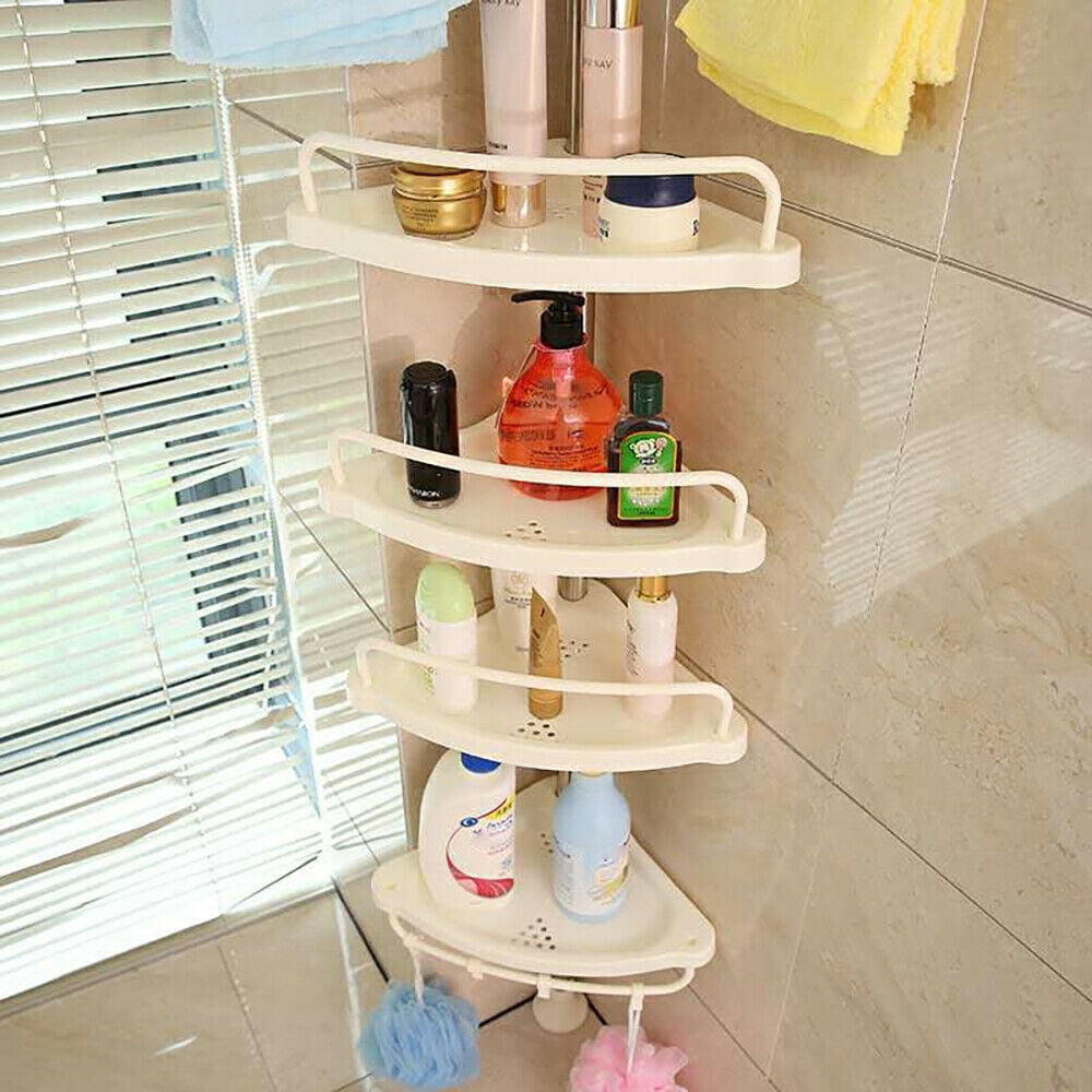 4-Tier WHT Plastic Tension Bathroom Corner Shelf Bath Shower Caddy Pole Storage 