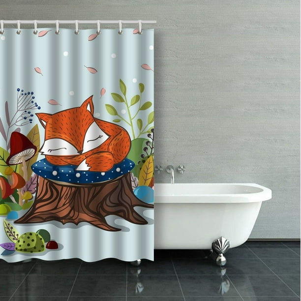 BSDHOME Slipping Baby Fox Mushrooms And Stub Lovely Cute Children  Illustration Shower Curtain Bathroom Curtain 36x72 inches 