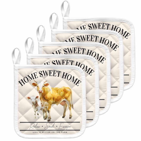 Farmhouse Cow Pot Holders for Kitchen Heatproof Potholder, 5 Pack Vintage Animal Life Better Abstract Text Hot Pads Multipurpose Oven Pads Cloth Potholders Trivet for Cooking Baking