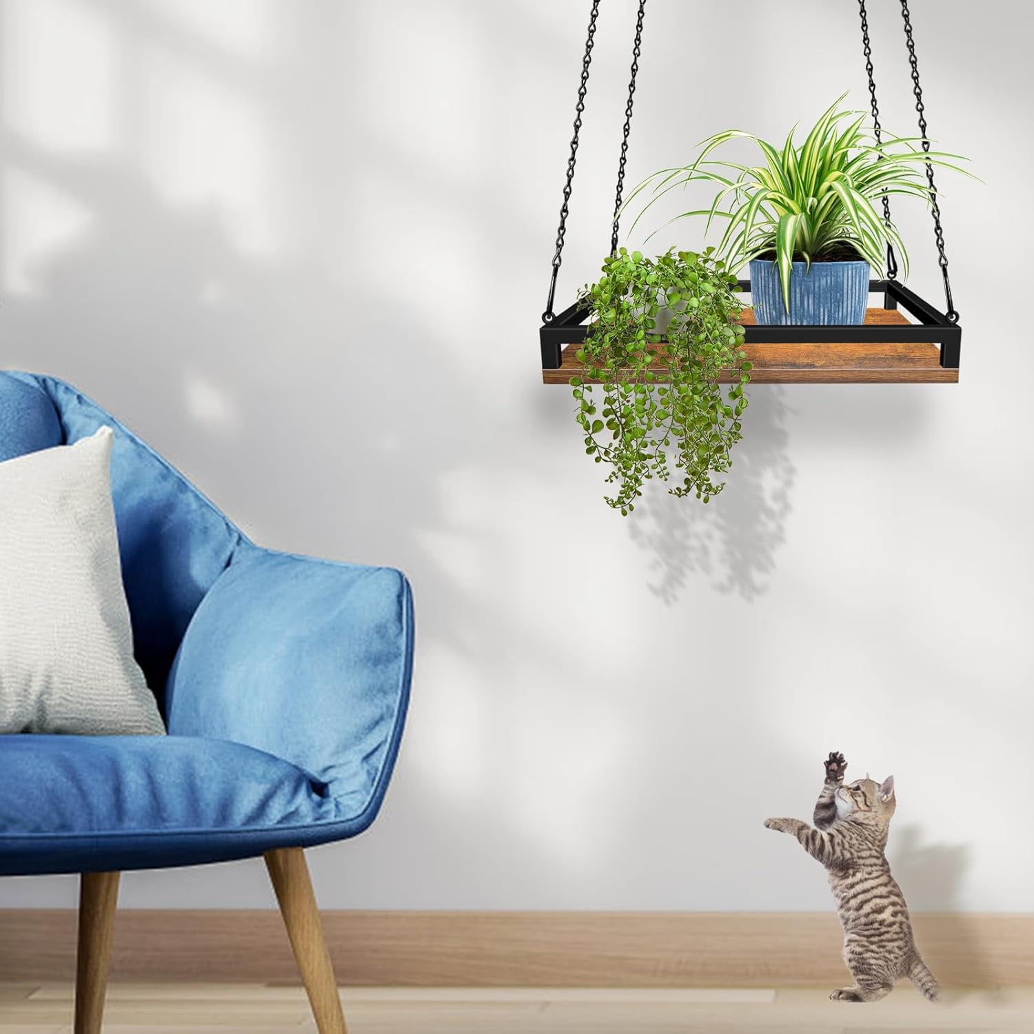 Plant Hanger Indoor, 11.8" Wooden Hanging Plant Holder with Metal Frame Hanging Planter for Indoor Plants Load 50LB Hanging Plant Shelf with 27.6" Long Chain, Ideal for Heavier Pots Ceiling（2 pack）
