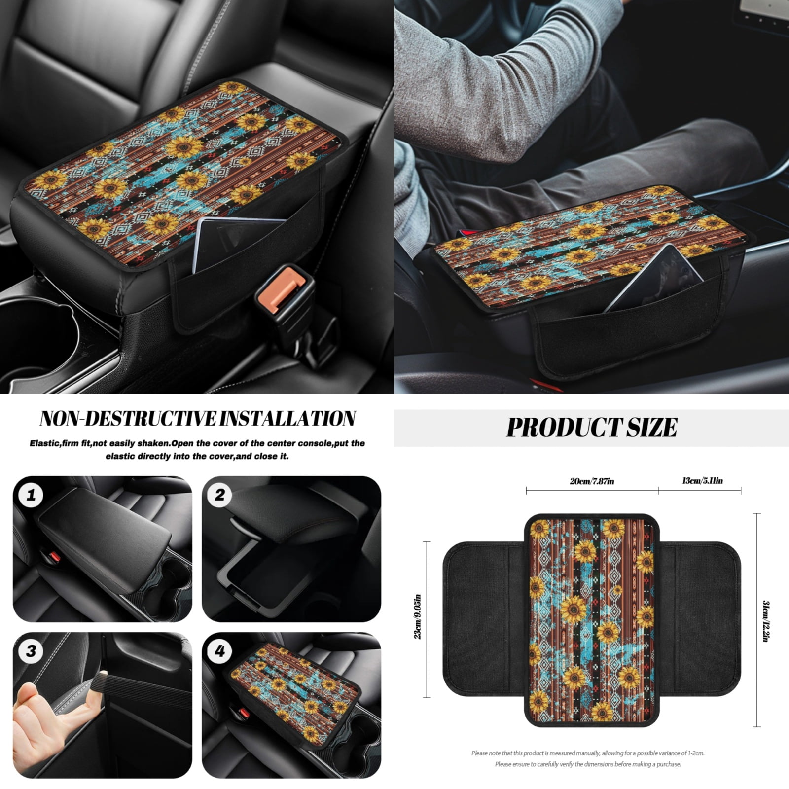 Renewold American Tribal Sunflower Car Seat Cover Full Set 14 PCS, with Steering Wheel Cover Seatbelt Pad Coasters Rubbish Bin Rear View Mirror Armrest Cover Cushion Gear Shift Knob Cover Set