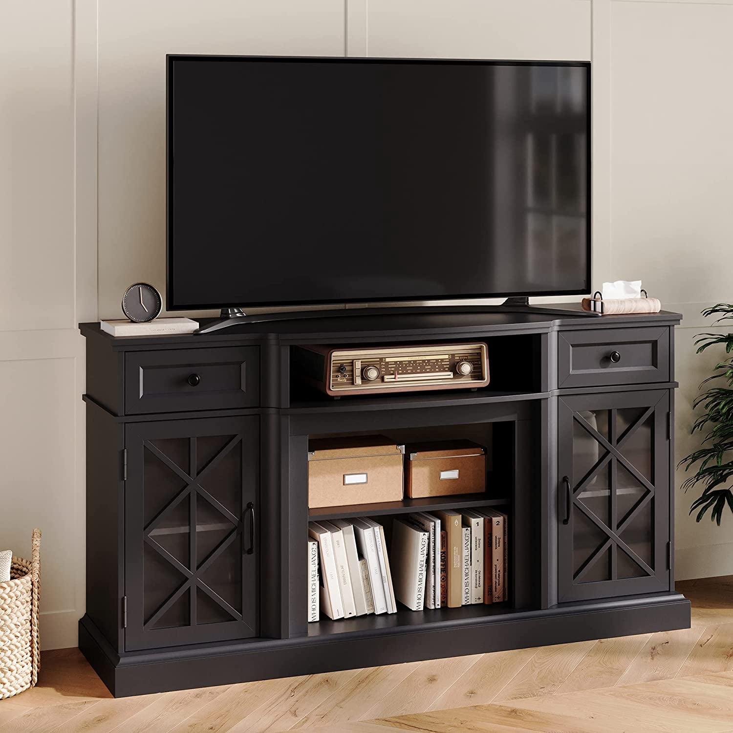 LINSY HOME Modern Farmhouse TV Stand for TVs up to 70",Black - Walmart.com